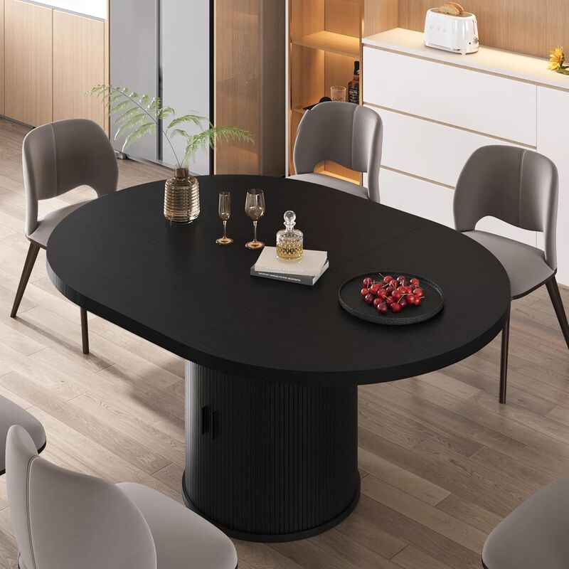 Vipbear 43" to 59" Extendable Round Dining Table, Solid Wood Top with Storage Cabinet, Kitchen image number 2