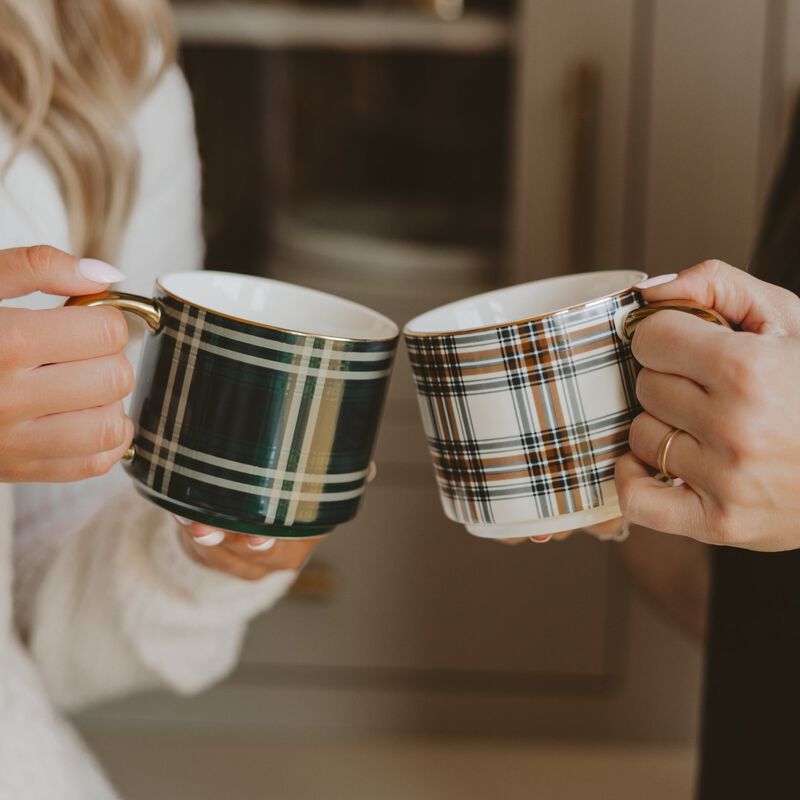 Orange Navy Plaid 14 oz Gold Handle Coffee Mug image number 1
