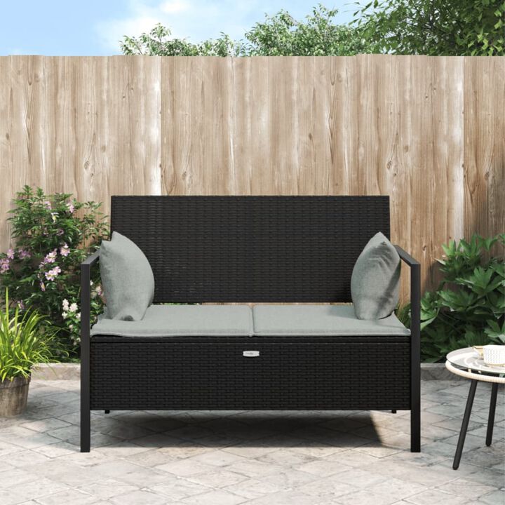 vidaXL Outdoor 2-Seater Patio Bench with Cushions - Weather-Resistant Poly Rattan - Ample Storage Space - Comfortable Seating Experience - Black