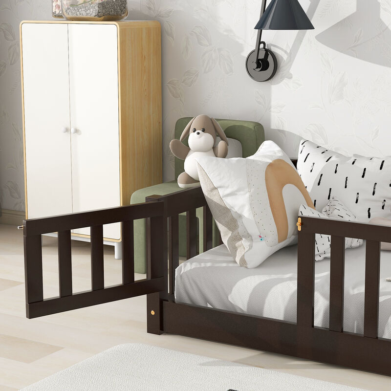 Whisen Twin Size Rubber Wood Floor Bed with Safety Guardrails & Door, Kids Bed image number 5
