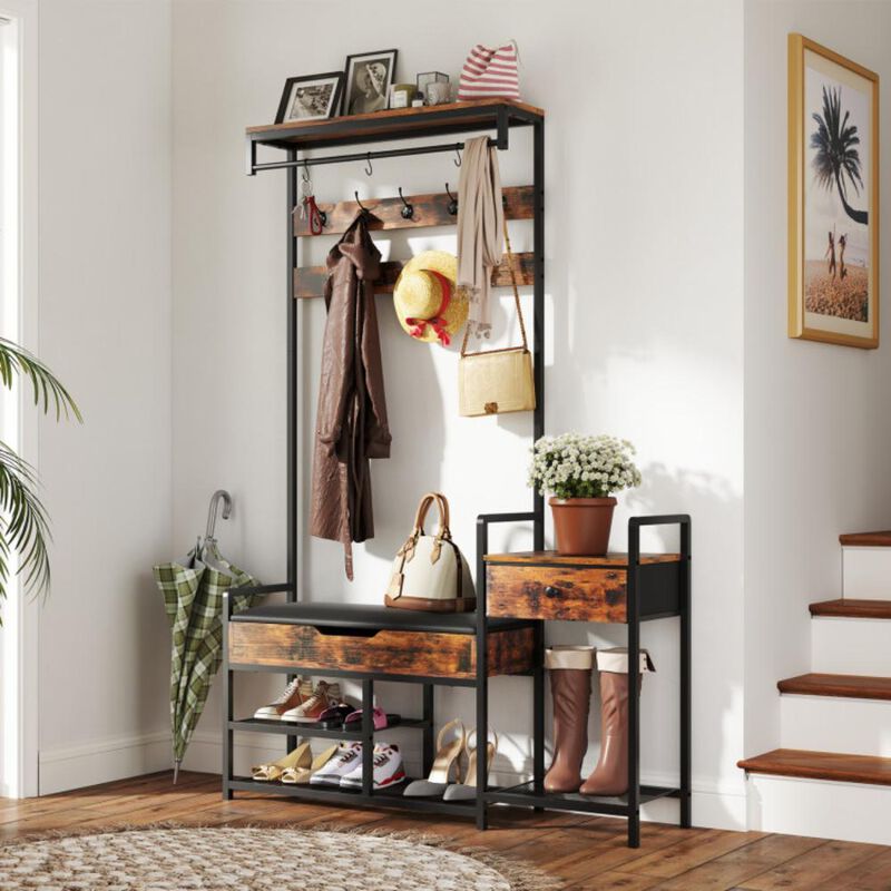Hivvago 70 Inch Hall Tree with Shoe Storage Bench Freestanding Coat Rack