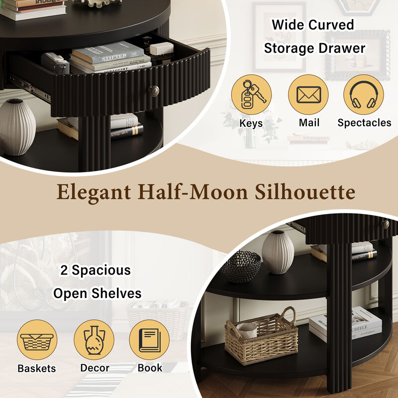 Whisen Half Moon Console Table, Fluted Wooden Entryway Table with Drawer & 2 Shelves, Solid Wood & MDF for Living Room Hallway image number 5