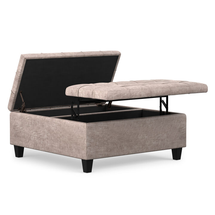Harrison 36 inch Wide Transitional Square Coffee Table Storage Ottoman in Distressed Grey Taupe Vegan Faux Leather, Assembled
