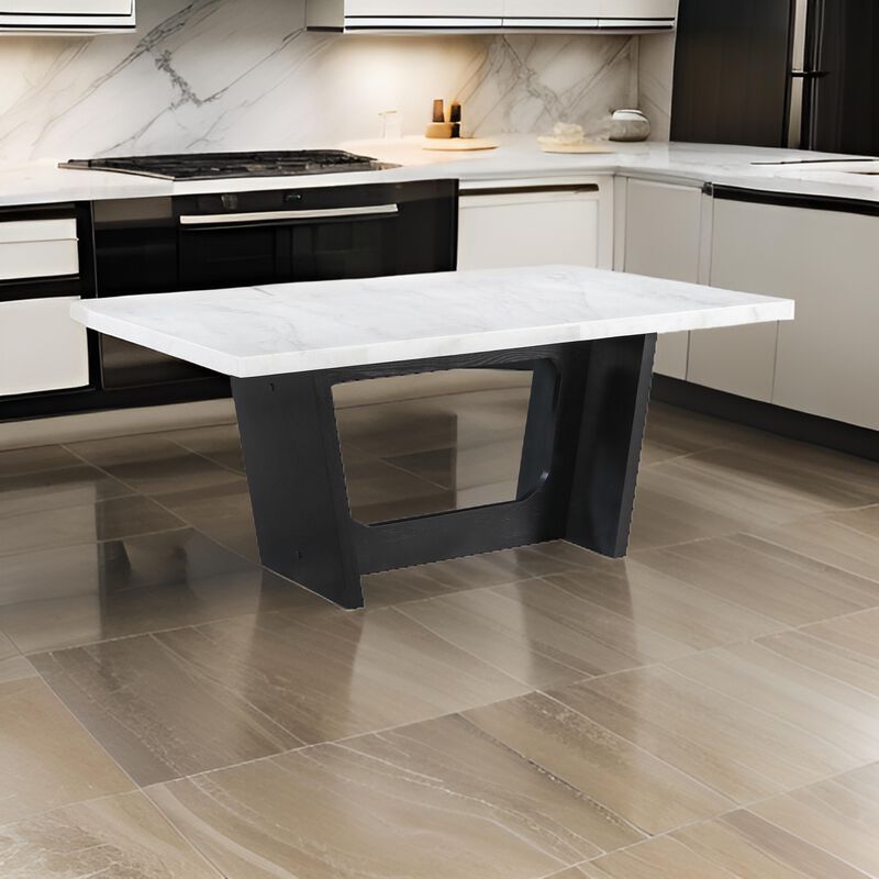 Shoy 72 Inch Dining Table, Rectangular White Marble Top, Trestle, Brown