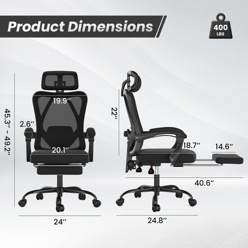 GOODSILO Ergonomic Office Chair with Adjustable Footrest Headrest Lumbar Support High Back Mesh Design Computer Desk Chair image number 2