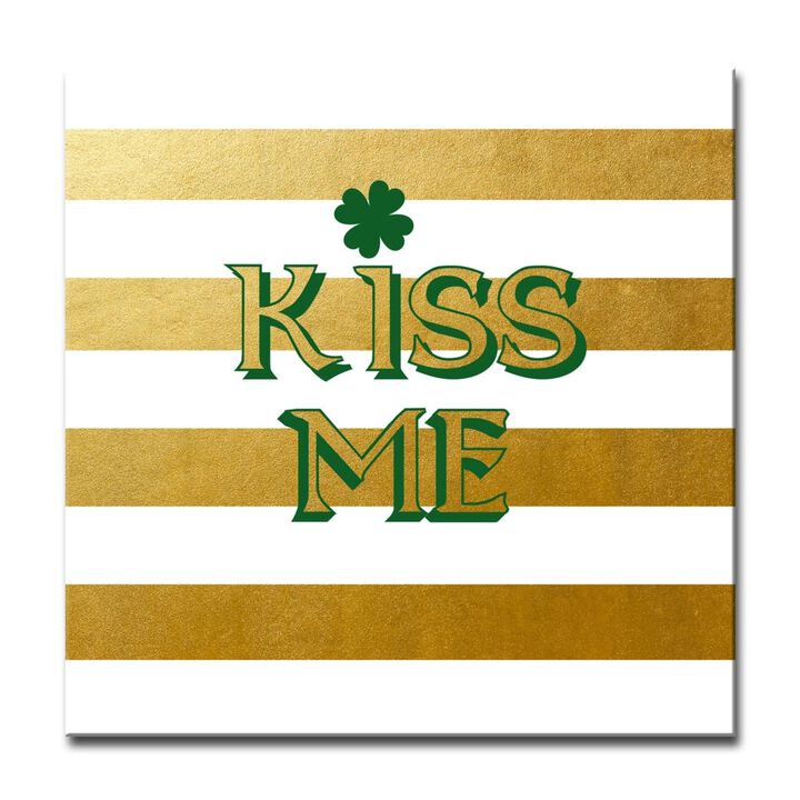 Gold and White "KISS ME" Square Canvas Wall Art 12" x 12"