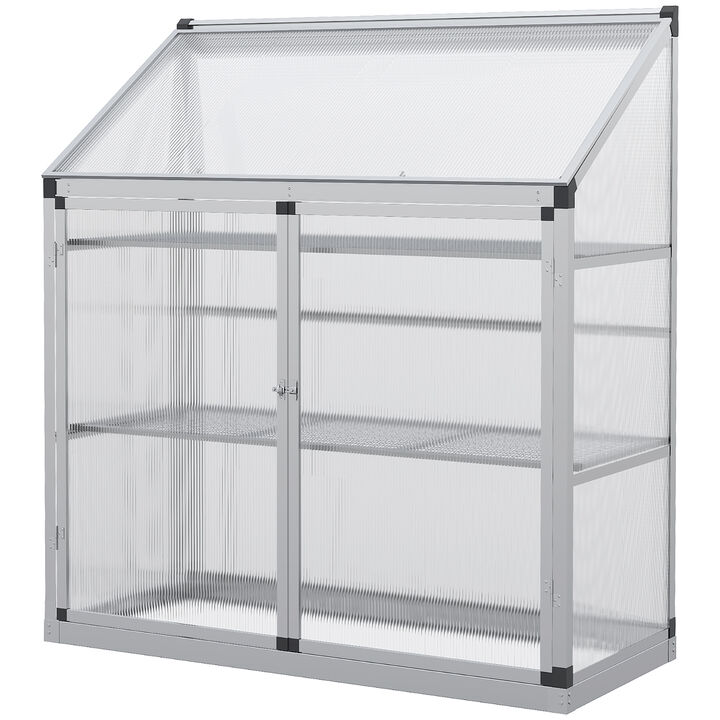 Outsunny Outdoor Garden Greenhouse, Cold Frame Polycarbonate Panel Planthouse with Openable Roof, 3 Shelves, Double Door, 51.5" L x 22.75" x 55"