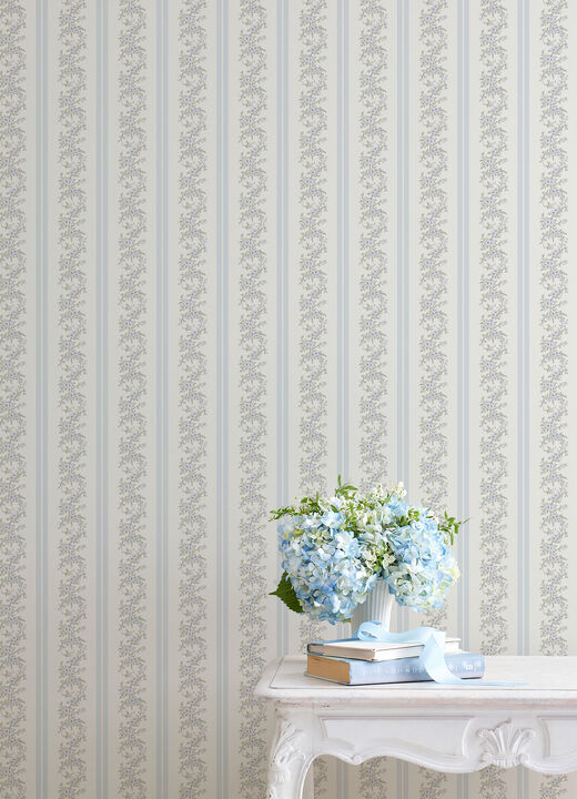 Marigold Wreath Baby Blue Rush Floral Stripe Wallpaper
