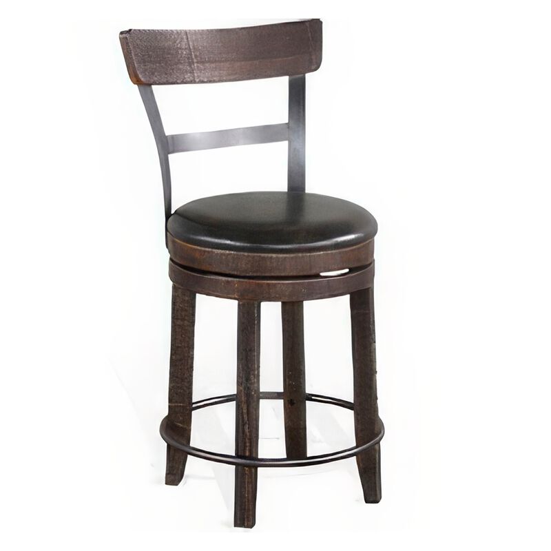 Flint Swivel Counter Stool Chair Set of 2, Black Faux Leather, Brown - Benzara