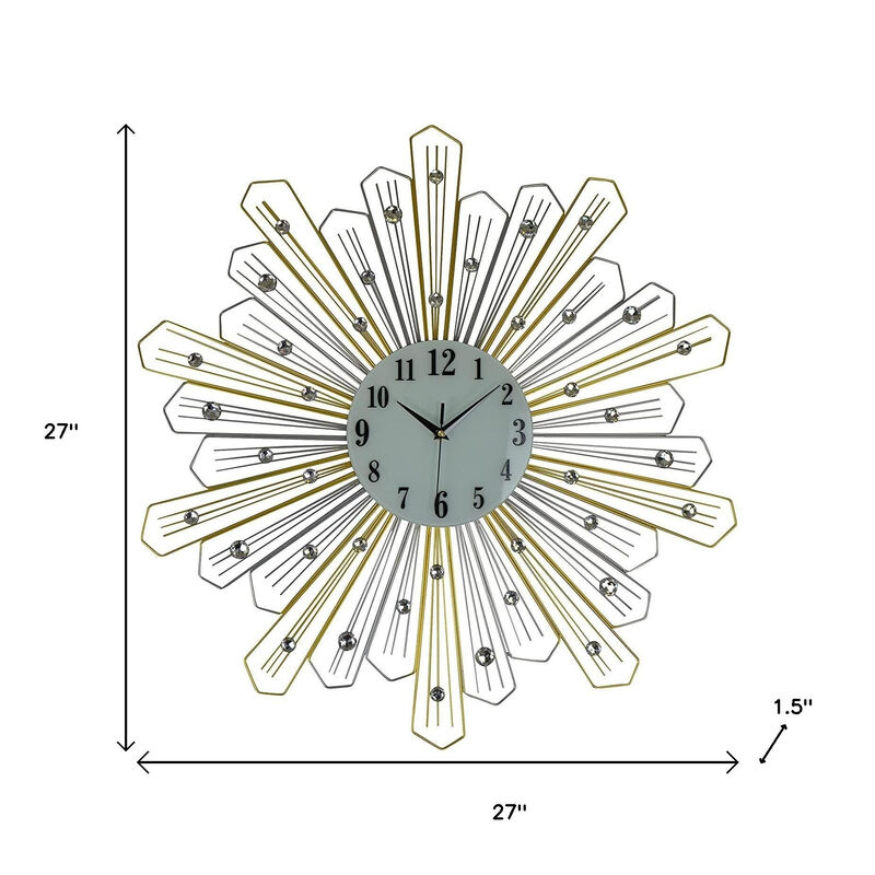 HomeRoots 27" Gold Silver And Metal And Faux Crystals Silent Analog Sunburst Wall Clock image number 4