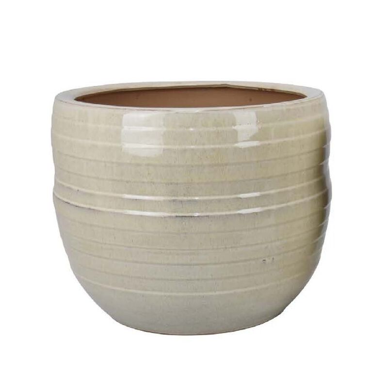 Paulo Barrel Planter Set of 2, Raised Ribbed Beige Ceramic 19, 15 Inch image number 3