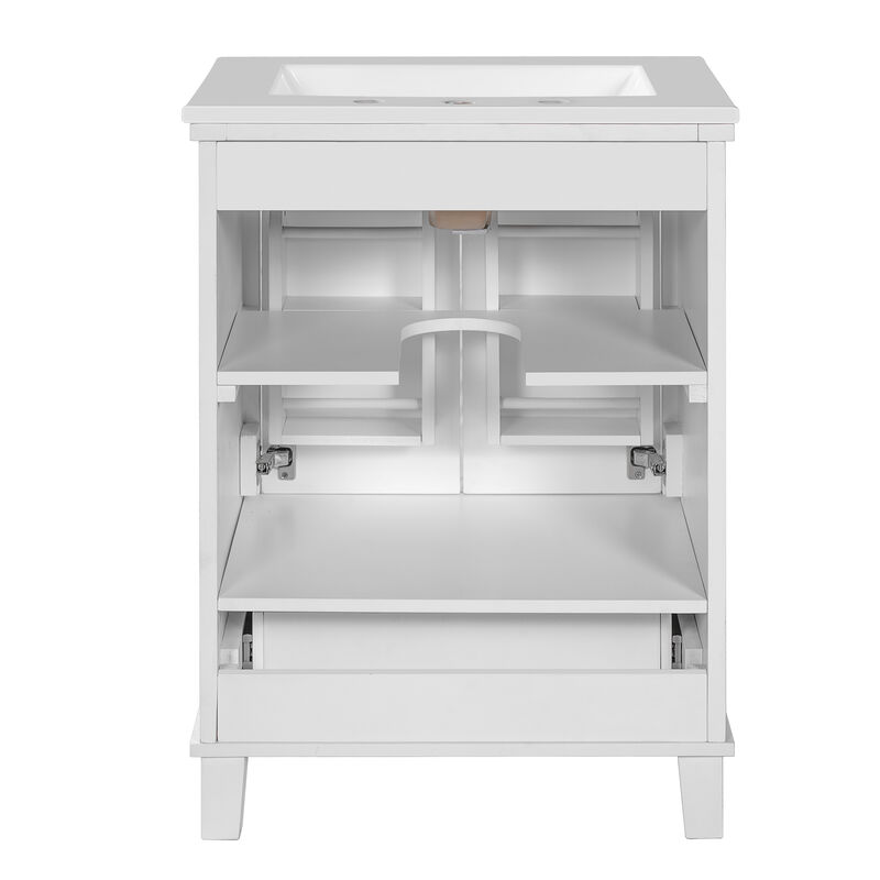 Whisen 24-inch Bathroom Vanity with Single Sink, Solid Wood Frame + MDF, 2 Soft-Close Doors, 1 Divided Drawer, Dual Storage Shelves