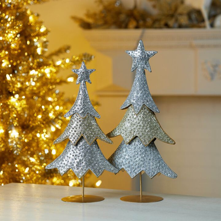 Holiday Tabletop Decor Set of 2 Jeweled Metal Christmas Trees for Seasonal Display