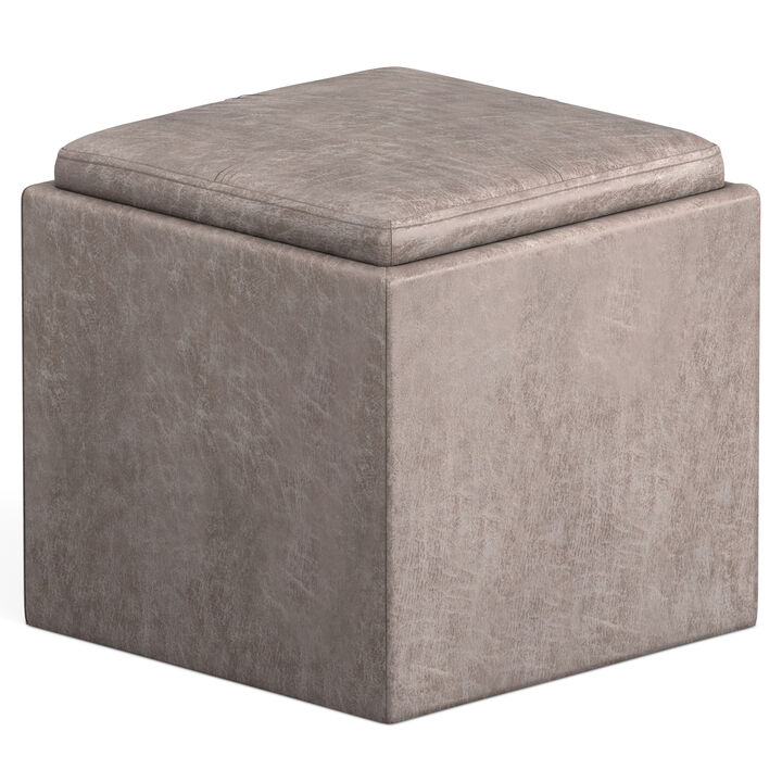 Rockwood 17 inch Wide Contemporary Square Cube Storage Ottoman with Tray in Distressed Grey Taupe Vegan Faux Leather, Assembled