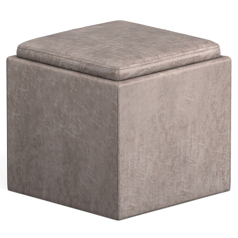 Rockwood 17 inch Wide Contemporary Square Cube Storage Ottoman with Tray in Distressed Grey Taupe Vegan Faux Leather, Assembled image number 0