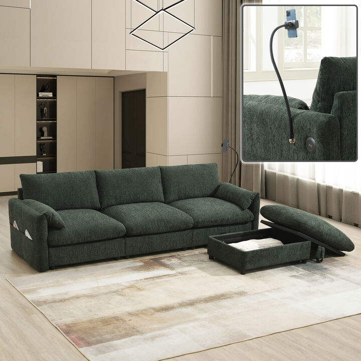 Merax Chenille Sectional Sofa with Storage Ottoman and Pockets