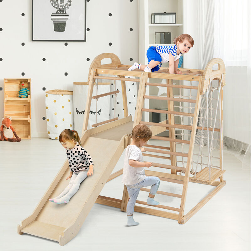 8-in-1 Kids Jungle Gym Montessori Wooden Playset with Slide & Monkey Bar Ages 3-5 Years image number 2