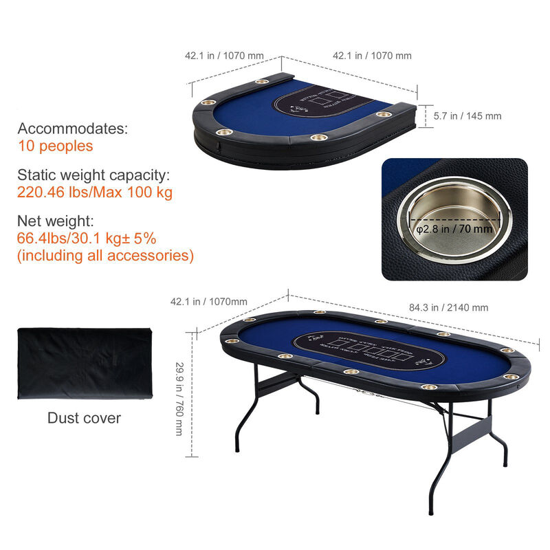10-Player Foldable Poker Table with Padded Rails and Cup Holders for Card Games image number 2