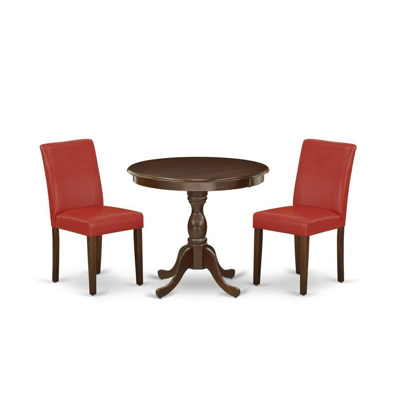 AMAB3-MAH-72 3 Piece Dining Table Set - 1 Kitchen Table and 2 Firebrick Red Dining Chairs - Mahogany Finish