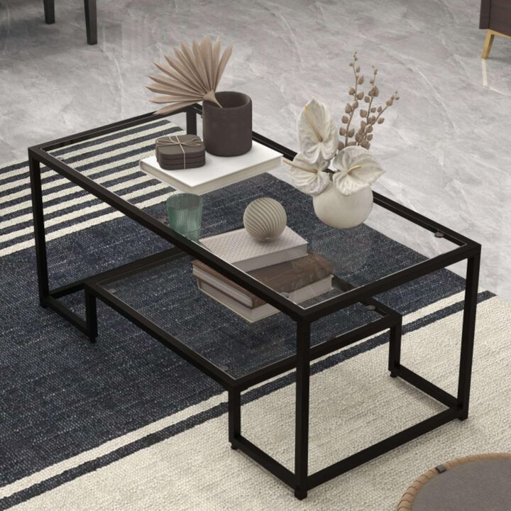 Hivvago Modern 2-Tier Rectangular Coffee Table with Glass Table Top-Black