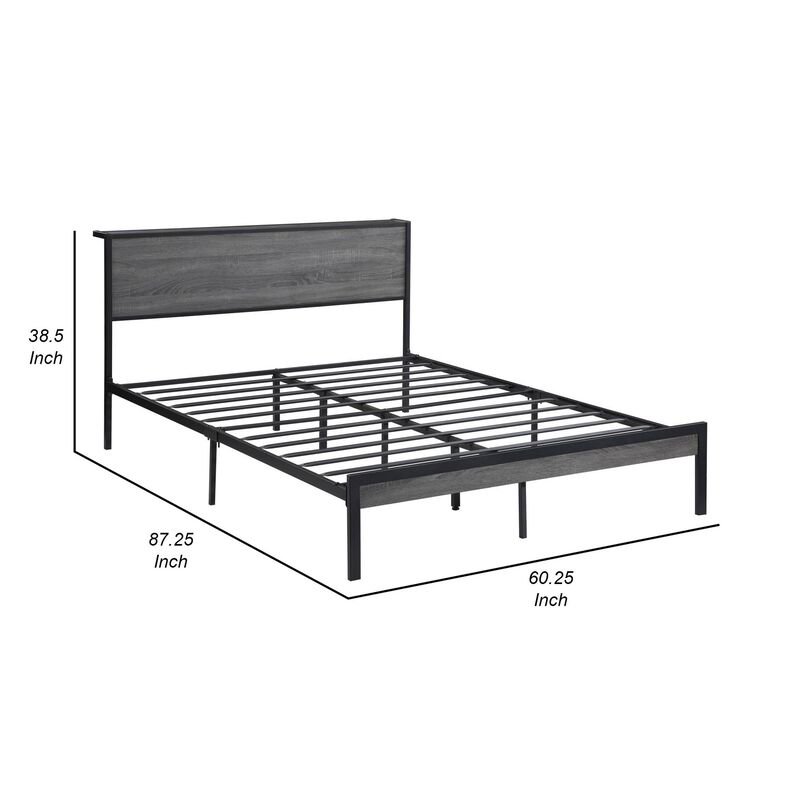 Rick Queen Size Platform Bed, MDF Panel Headboard, Gray, Black Metal - Benzara