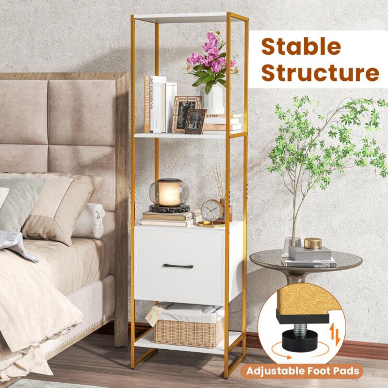 Hivvago 5-Tier Narrow Bookcase with 4 Open Shelves and Storage Drawer