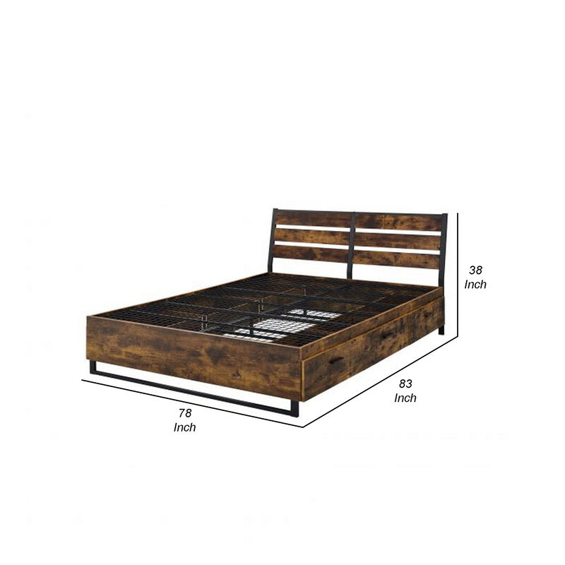 Eastern King Bed with 6 Drawers and Metal Slats, Brown and Black