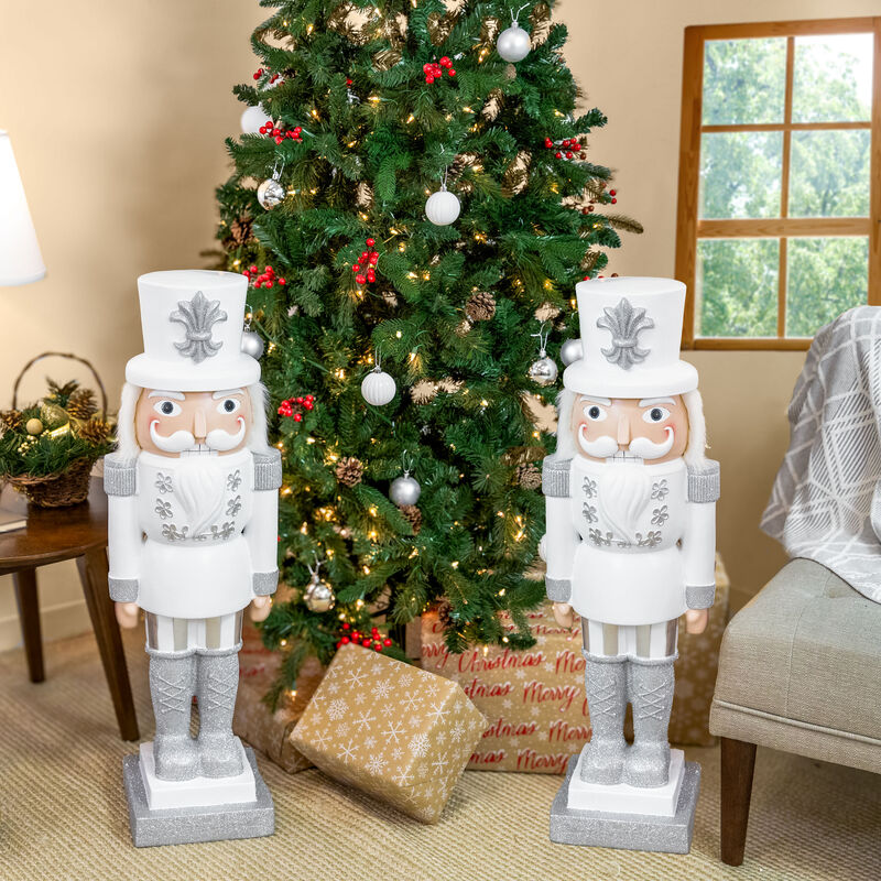 Sunnydaze Sterling the Silver Christmas Nutcracker - 37" H - Set of 2