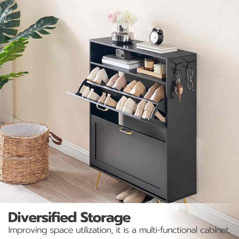 Shoe Cabinet with 2 Flip Drawers Tipping Bucket Design for Entryway- Black image number 4