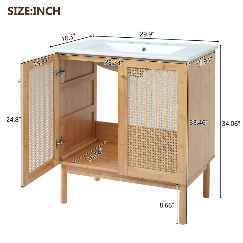 ELEMENT ACE Space-Saving Natural Bamboo Vanity with Handwoven Rattan Doors image number 2