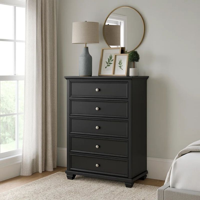 Lemo Tall Dresser Chest, 5 Drawer, Nickel Round Knob, Black Solid Wood image number 8