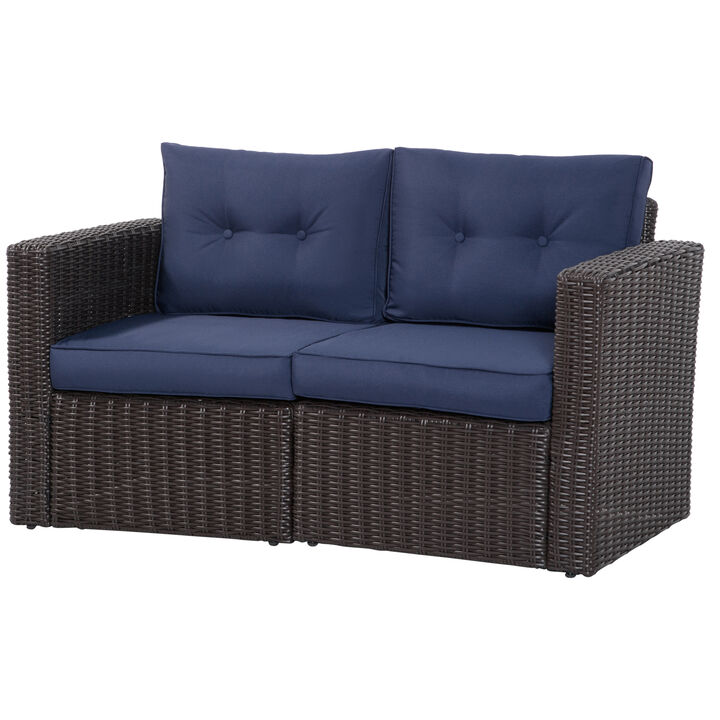Outsunny 2 Piece Patio Wicker Corner Sofa Set, Outdoor PE Rattan Furniture, with Curved Armrests and Padded Cushions for Balcony, Garden, or Lawn, Lawn, Dark Blue