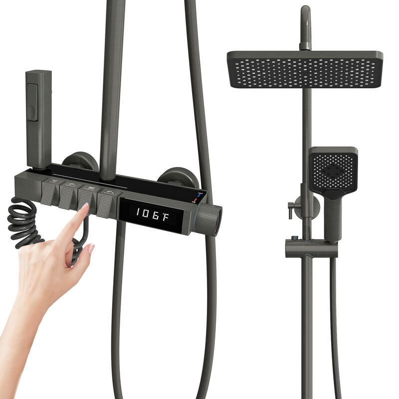 FUFU&GAGA Modern Shower System with Copper Valve Core, 201 Stainless Steel Pipe, PVC Spray Heads, and Fahrenheit Temperature Display, Complete Bathroom Fixture, (11.8" L x 7.9" W x 46.7" H), Black