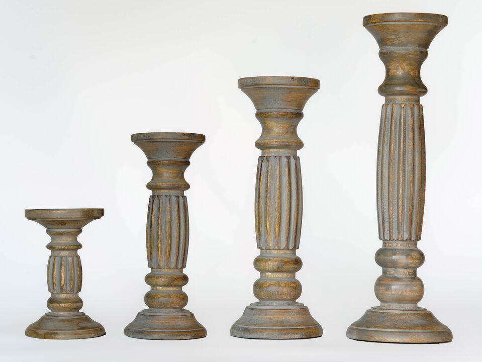 Traditional Gray Wash Eco-friendly Handmade Mango Wood Set Of Four 6",9",12" & 15" Pillar Candle Holder