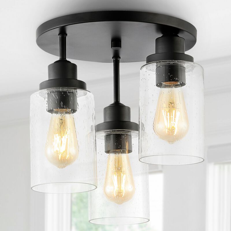 Jonah 3-Light Bohemian Farmhouse Iron/Seeded Glass LED Semi Flush Mount