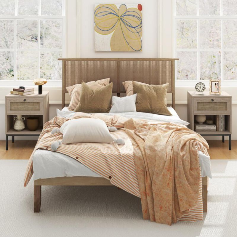 Hivvago Rattan Nightstand Boho End Table with Rattan Drawer and Open Shelf Set of 2