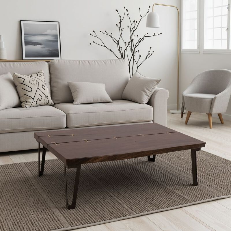 Ally Cocktail Coffee Table, Gold Metal, Walnut Brown Parota 47 Inch