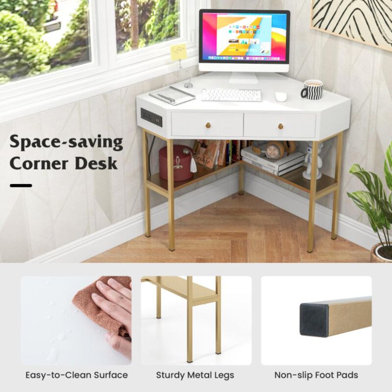Hivvago Triangle Corner Desk with Charging Station with 2 Drawers and Storage Shelf