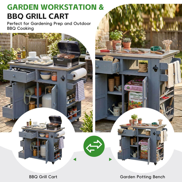 Whisen 36.2"H Kitchen Island with Expandable Stainless Top, Drawers, Wheels & Spice Rack