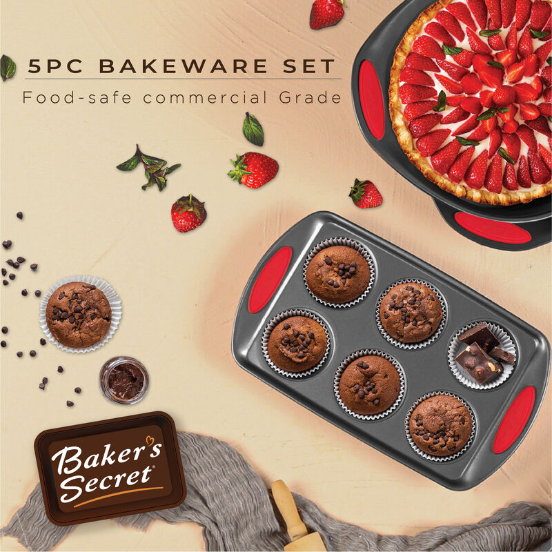 Baker's Secret Bakeware Set 5 pieces, Easy Grip Carbon Steel Non-stick Durable Set of 5 Bakeware Set Round Pan, Muffin Pan, Roaster and Lid, Gift Packaging, Baking Essentials