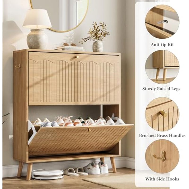 Slim Entryway Wood Shoe Cabinet Flip Drawer Adjustable Space Saving Natural Oak image number 3