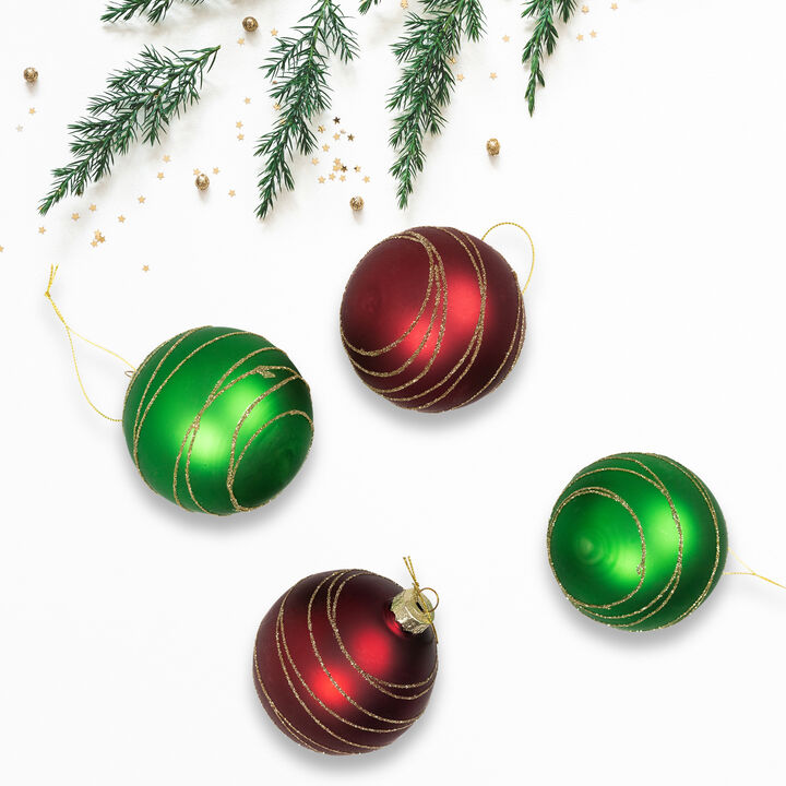 Glittered Golden Stripes Christmas Glass Ball Ornaments - 3" (75mm) - Red and Green - 4ct
