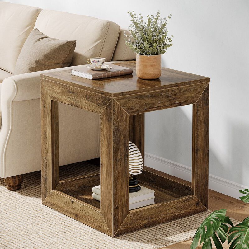 Side Table Nightstand, Square End Table with 2-Tier Storage Shelf-Brown image number 3