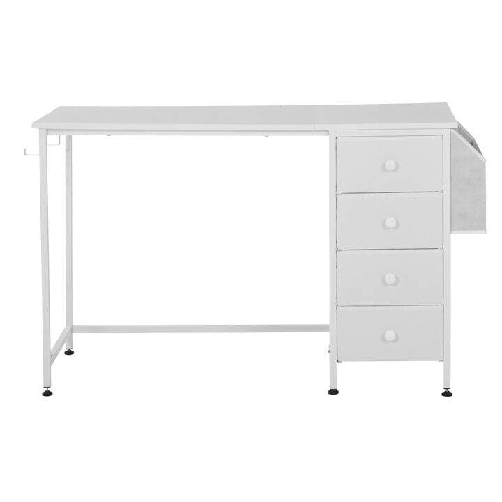 Writing Desk with Fabric Storage Drawers, Reversible Computer Table with Steel Frame-White