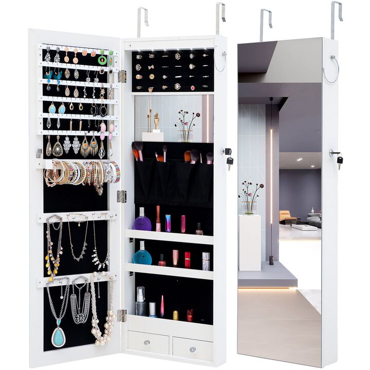 Hivvago Wall Hanging Simple Jewelry Storage Mirror Cabinet With LED Lights in White