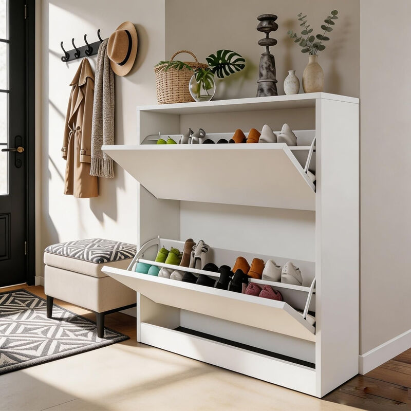 Entryway Shoe Storage Cabinet Flip Drawer Adjustable Shelves White image number 1