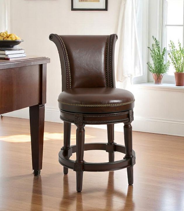 Hivvago 25 Inch Dark Brown Faux Leather and Solid Wood Counter Height Swivel Bar Chair