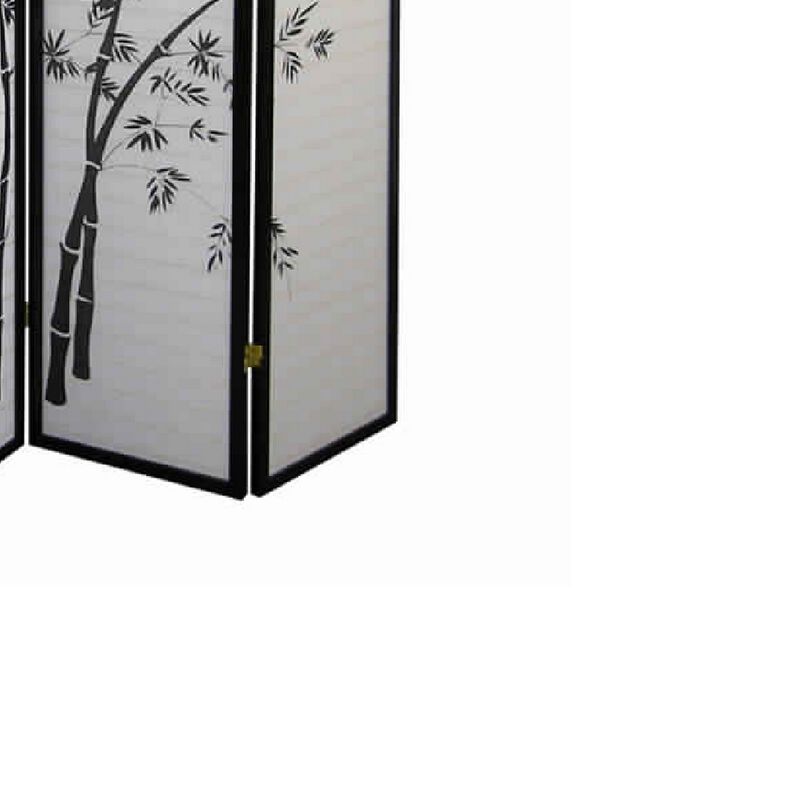 Wood and Paper 4 Panel Room Divider with Bamboo Print, White and Black-Benzara image number 2