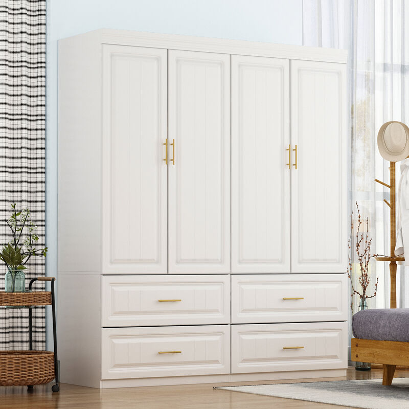 FUFU&GAGA White Wood 4-Door Wardrobe Armoire with Hanging Rod, Drawers & Storage Shelves, (63"W x 20.6"D x 74.2"H), White