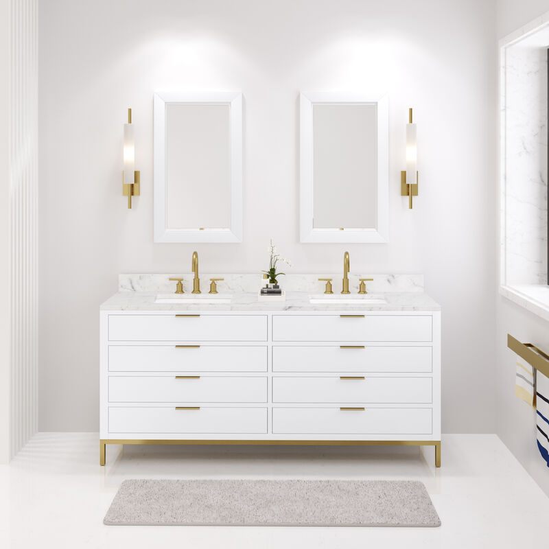 Bristol 72 In. Double Sink Carrara White Marble Countertop Bath Vanity in Pure White